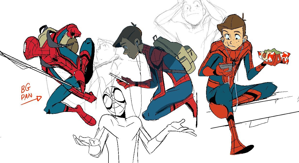 this is a comic style illustration showing multiple spiderman characters. one is standing on a web while looking down, while the other two are sitting, one is listening to earphones and the other one is holding a hot dog. all three are dressed in spiderman suits and are looking away from each other. the one who is holding the hot dog is smiling.