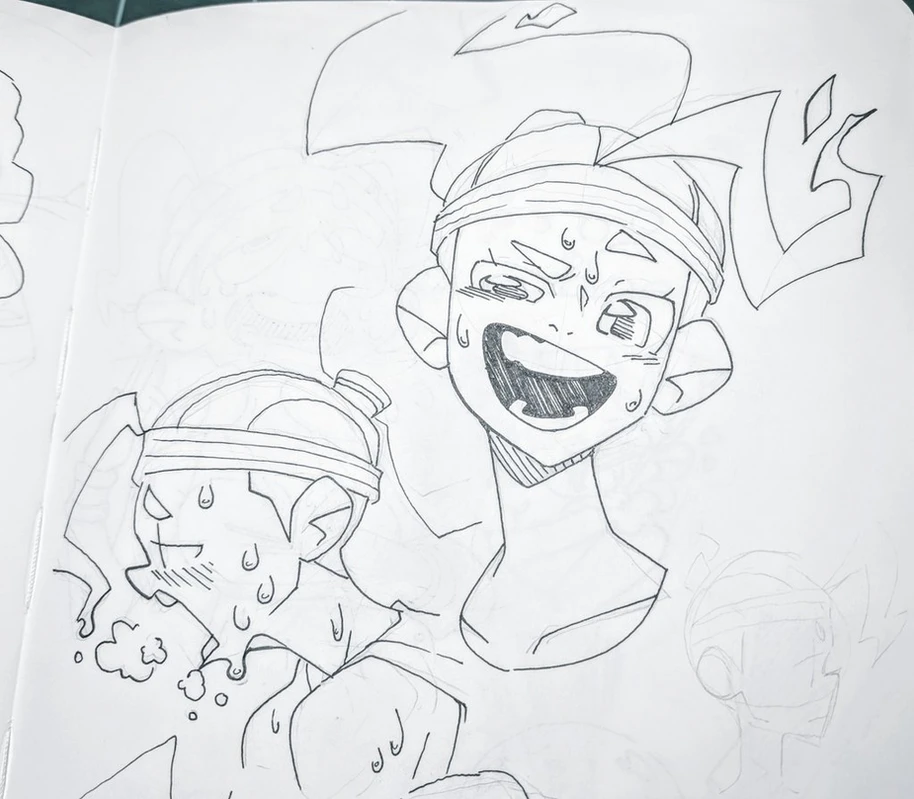a black and white drawing of two cartoon characters. the character on the left is looking to the right and sweating. the character on the right has a surprised/excited expression. the characters are both drawn in a cartoony style.