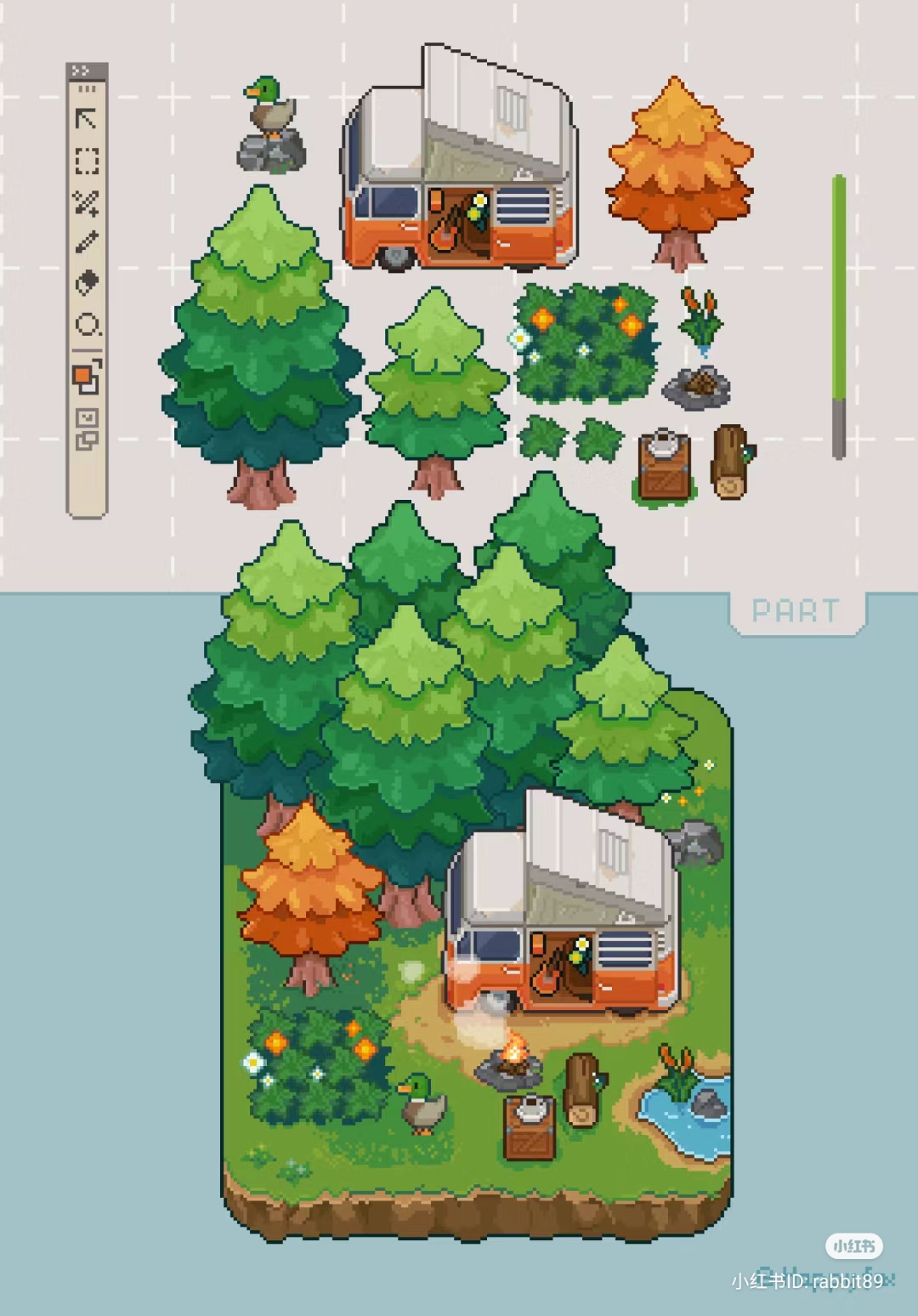 a pixel art image shows the process of building a topdown view of a camp site. the upper half of the image shows all the individual assets, while the lower half shows the assets assembled into a camp scene. the scene features a camper van, a camp fire, a duck, a small lake, and various trees and bushes.
