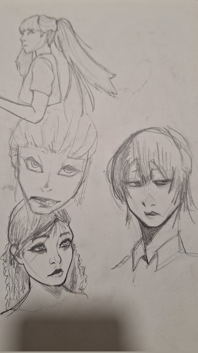 he image contains a collection of pencil sketches of female faces and profiles. the styles vary slightly, some appearing more anime or mangainspired than others. the sketches are done in grayscale, with varying levels of detail and shading. some faces are shown in a front view, others in profile. the hair styles differ, with some characters having long hair and others shorter hair. the sketches appear to be practice work or studies, rather than finished pieces.  the overall style is loose and expressive.