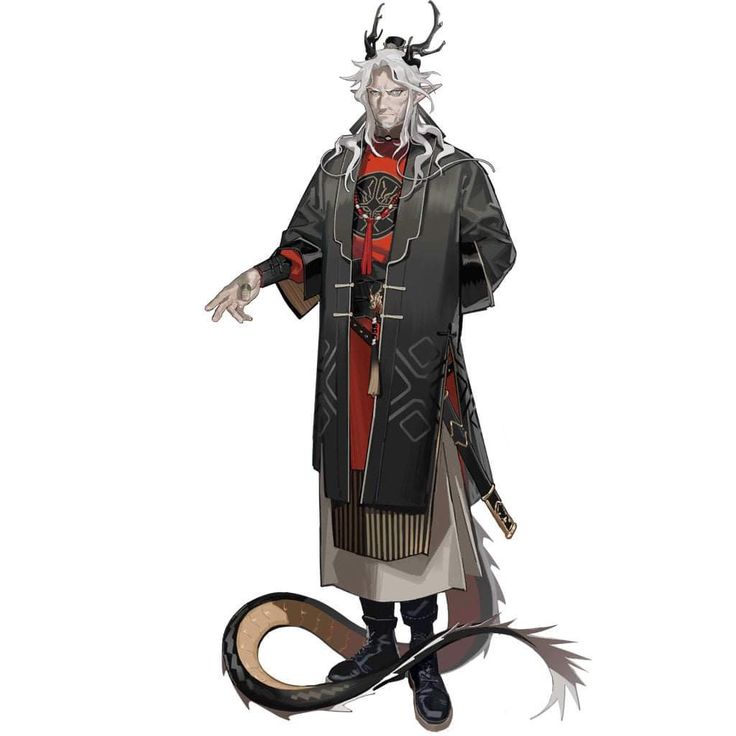 this is a digital illustration of an animestyle character. he has long white hair, a black dragon tail, and wears a black and red outfit with ornate details.  he is standing with his left hand extended out in front of him.