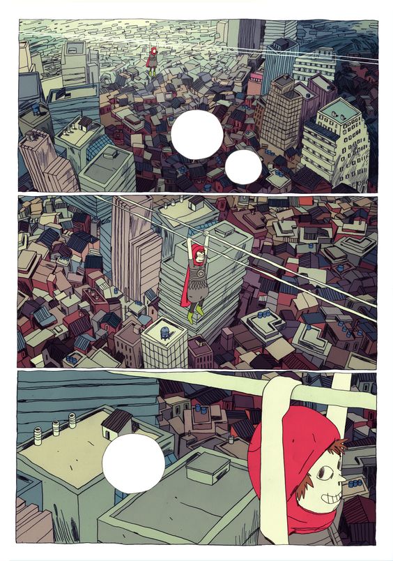 this is an illustration of a city viewed from above. the buildings are all drawn in a cartoon style, with a lot of detail. the city is very densely packed, with buildings of all shapes and sizes. there are wires running all over the city, connecting the buildings together. in the middle of the city, a red figure is hanging from a wire. the figure is small in comparison to the size of the buildings, making it appear almost insignificant.