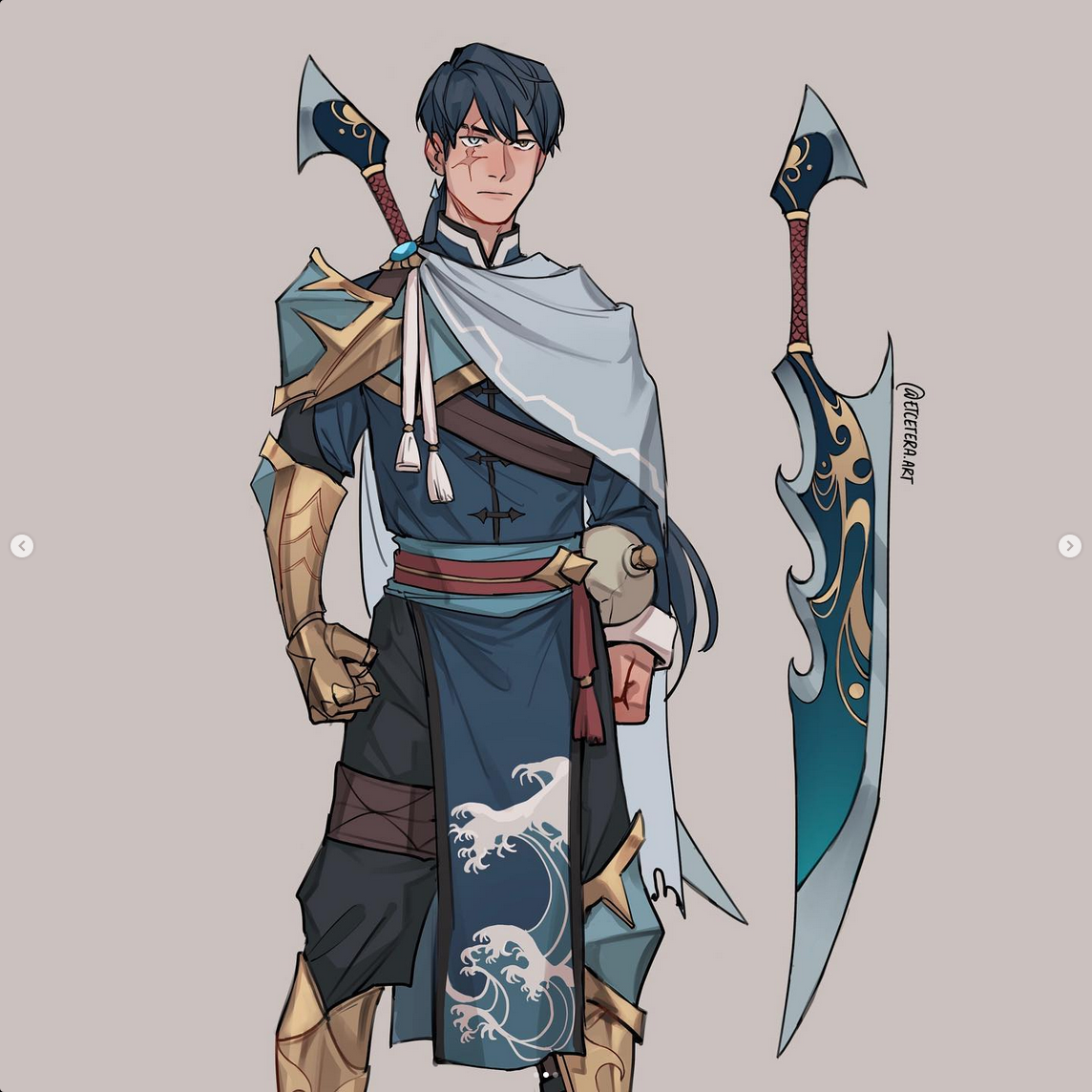 the image showcases a digital illustration of a male warrior. he stands in a frontal pose, his gaze serious and determined. the warrior's attire draws inspiration from asian designs, with a blue tunic adorned with wave patterns and a flowing white cape. he wears gold armor on his arms and legs, and a red sash is tied around his waist. two elaborate swords, one strapped to his back and the other leaning beside him, complete his warrior aesthetic.  the overall color palette emphasizes cool tones, with blues and grays dominating the scene.