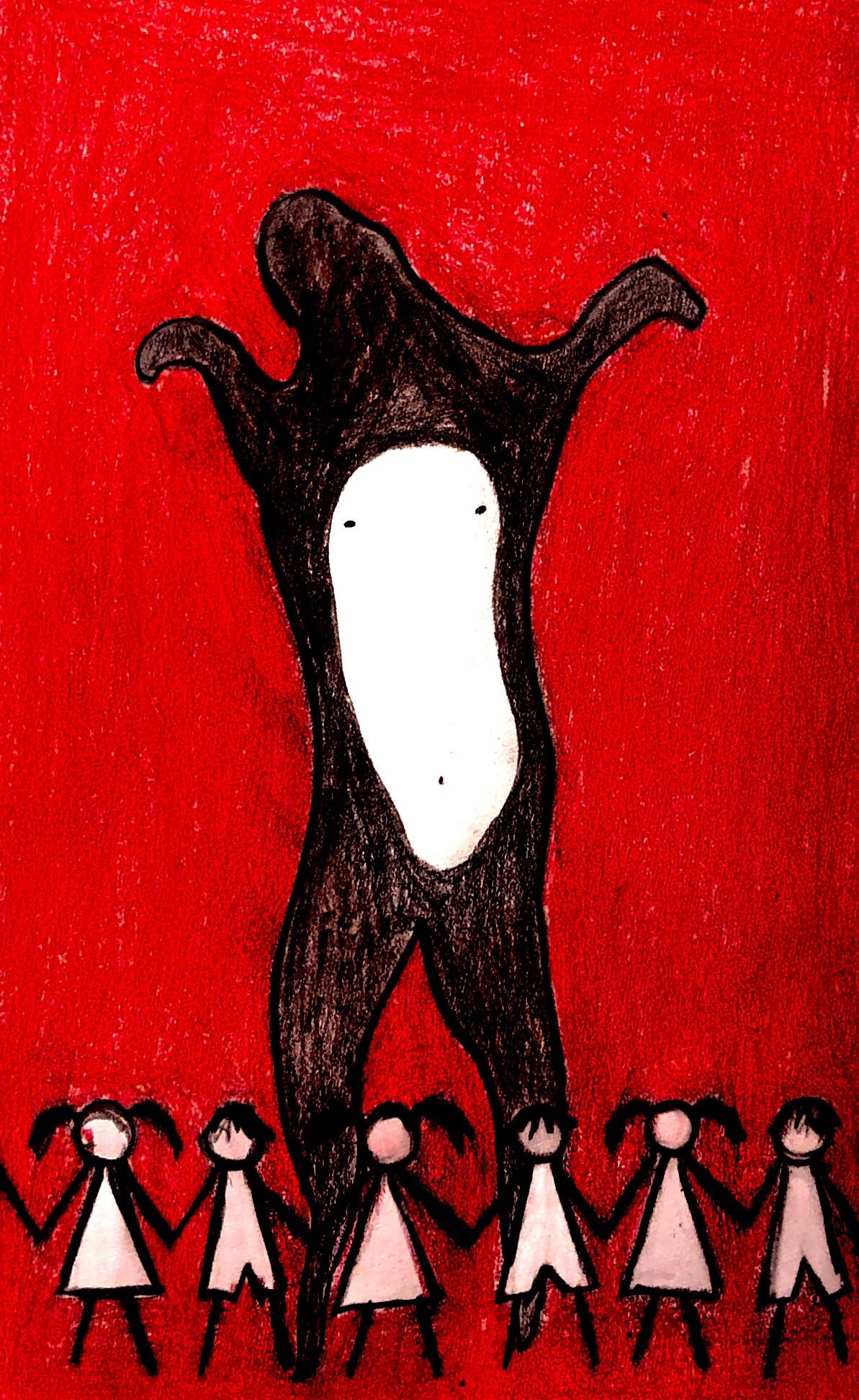the image is a stark and symbolic crayon drawing.  a large, dark, faceless figure dominates the red background, its arms raised in a gesture that could be interpreted as either welcoming or threatening.  several small, childlike figures stand beneath the giant, holding hands, seemingly small and vulnerable in its shadow. the overall style is simplistic yet powerful, suggesting a sense of fear, oppression, or potential danger to the children. the red background emphasizes the intensity and seriousness of the depicted scene. the composition and style evoke a strong emotional response.