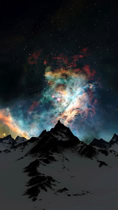 a majestic mountain range silhouetted against a breathtaking starry sky. the night sky is alive with a vibrant aurora borealis, its colorful swirls dancing across the heavens. the peaks of the mountains are dusted with snow, adding a touch of pristine beauty to the scene. the vastness of the landscape and the celestial spectacle above evoke a sense of wonder and awe.