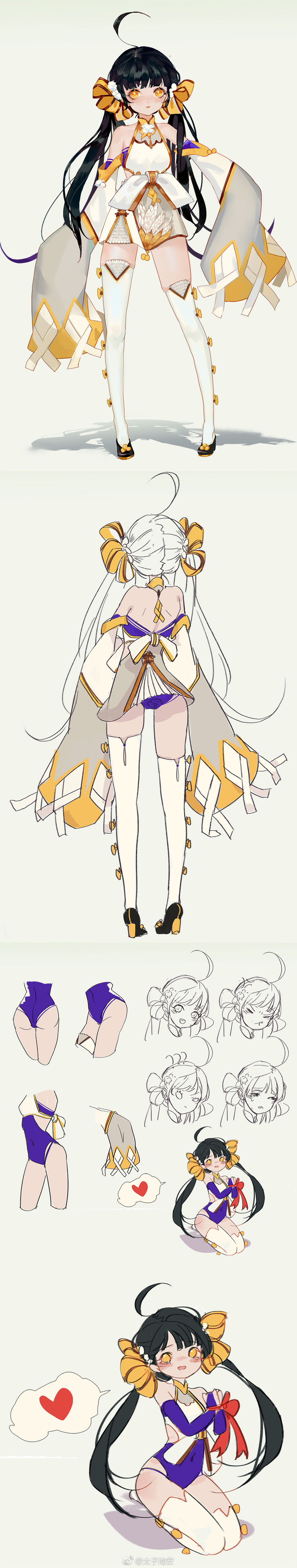 this is a digital illustration of a cute anime girl in various poses. she is wearing a white outfit with yellow accents in the top image, a white outfit with yellow and purple accents in the second image, a purple and white outfit in the third image, and a purple and white outfit with a red bow in the bottom image. there are multiple hearts in different colors. the image is drawn in a simple style and has a cheerful feel.