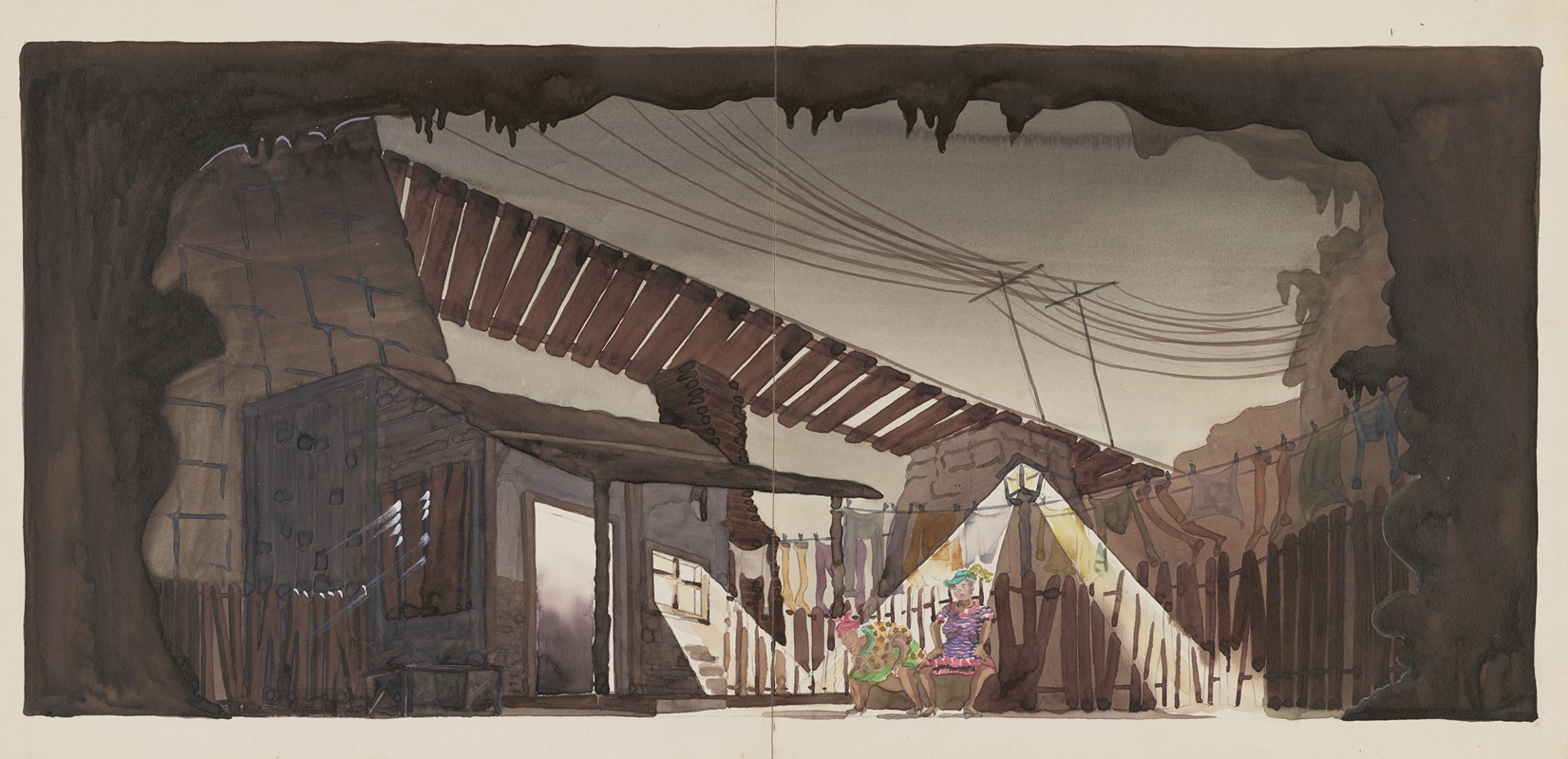 a watercolor illustration depicts a theatrical set design. the scene is framed by a dark cave opening with stalactites. within the cave, a dilapidated shack stands on the left, connected to a stone structure by a wooden bridge overhead. clotheslines with laundry are strung between the buildings. two women in colorful dresses sit in the center of the scene.