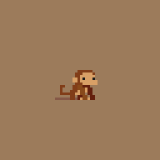 a pixel art image of a monkey facing right against a solid brown background. the monkey is brown with a lighter brown face and chest. it has a simple, cartoonish design.