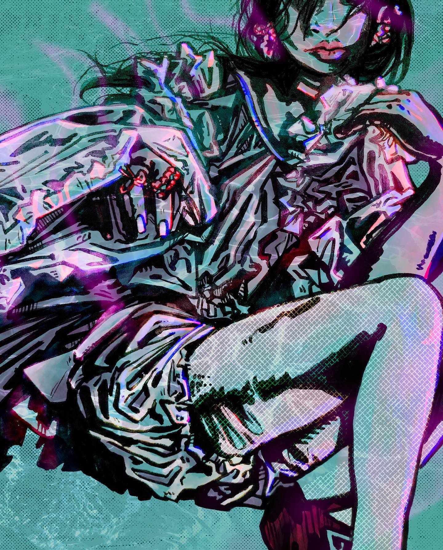 the image is a dynamic and stylized digital illustration or painting of a young woman.  the art style blends elements of comic book art, manga, and cyberpunk aesthetics. the woman is depicted in a pose that suggests movement and energy, perhaps falling or leaping. her clothing is futuristic and intricate, with a texture that suggests both fabric and a technological overlay. the color palette is striking, using vibrant purples, teals, and blues, with a strong contrast and use of shading. the background is an abstract, textured teal that enhances the overall otherworldly feel. there's a definite glitch or distortion effect applied to parts of the image, adding to its cyberpunk feel. the woman's expression is somewhat enigmatic. the overall effect is striking, modern, and highly detailed.