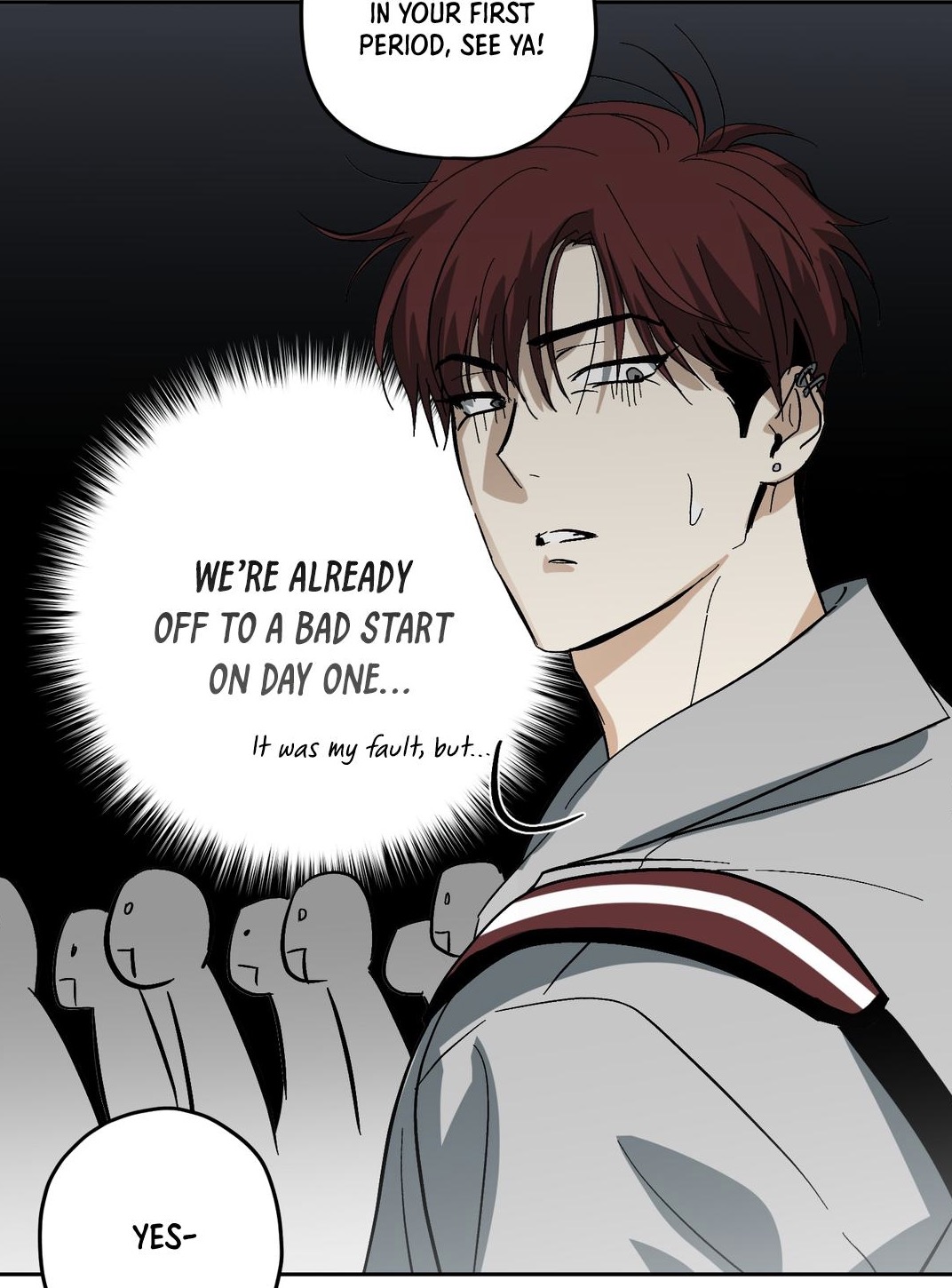 the image is a panel from a manhwa (korean comic) or webtoon. it features a closeup of a young man with reddishbrown hair, wearing a grey school uniform with a red and white stripe on the shoulder. he has a somewhat worried or upset expression. speech bubbles contain dialogue, expressing regret about a bad start to his first day of school.  in the background are blurry figures, likely other students, and a previous speech bubble shows someone telling him to see them in their first period. the art style is typical of modern manhwa, characterized by clean lines, expressive characters, and dynamic panel layouts.