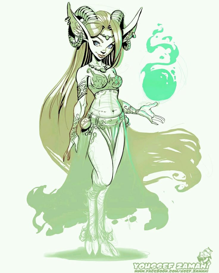 the image is a fantasystyle drawing of a female character with elflike features, including pointed ears and horns. she is wearing a belly dancestyle costume with a top, skirt, and belt adorned with jewels. she also has tattoos on her arms. a green magical orb floats near her hand. the style is reminiscent of character design or illustration, with a focus on linework and shading. the artist's name, youssef zamani, is visible at the bottom right.