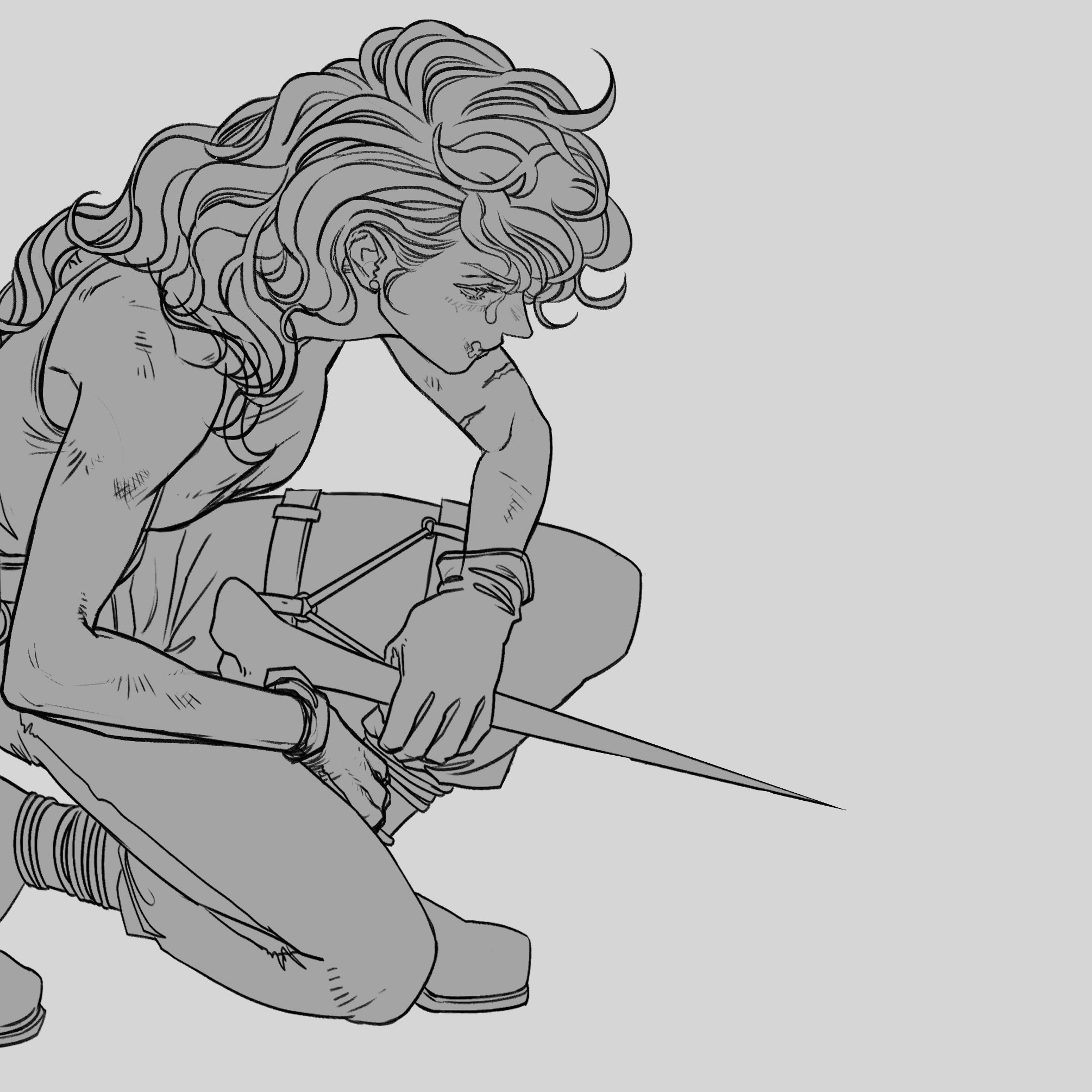 a person with long wavy hair is squatting and crying while holding a dagger. they are wearing earrings, wristbands, and gloves. the person also appears to have scars on their body.