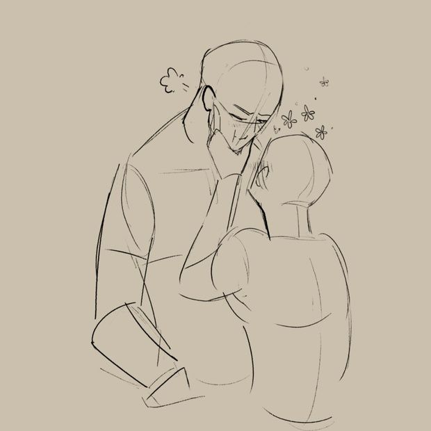 a handdrawn sketch of a man and woman embracing. the man is holding the woman close and they are both looking at each other with love. there are hearts drawn around them to indicate their affection. the sketch is done in black and white and is very simple, but the emotion is clear.