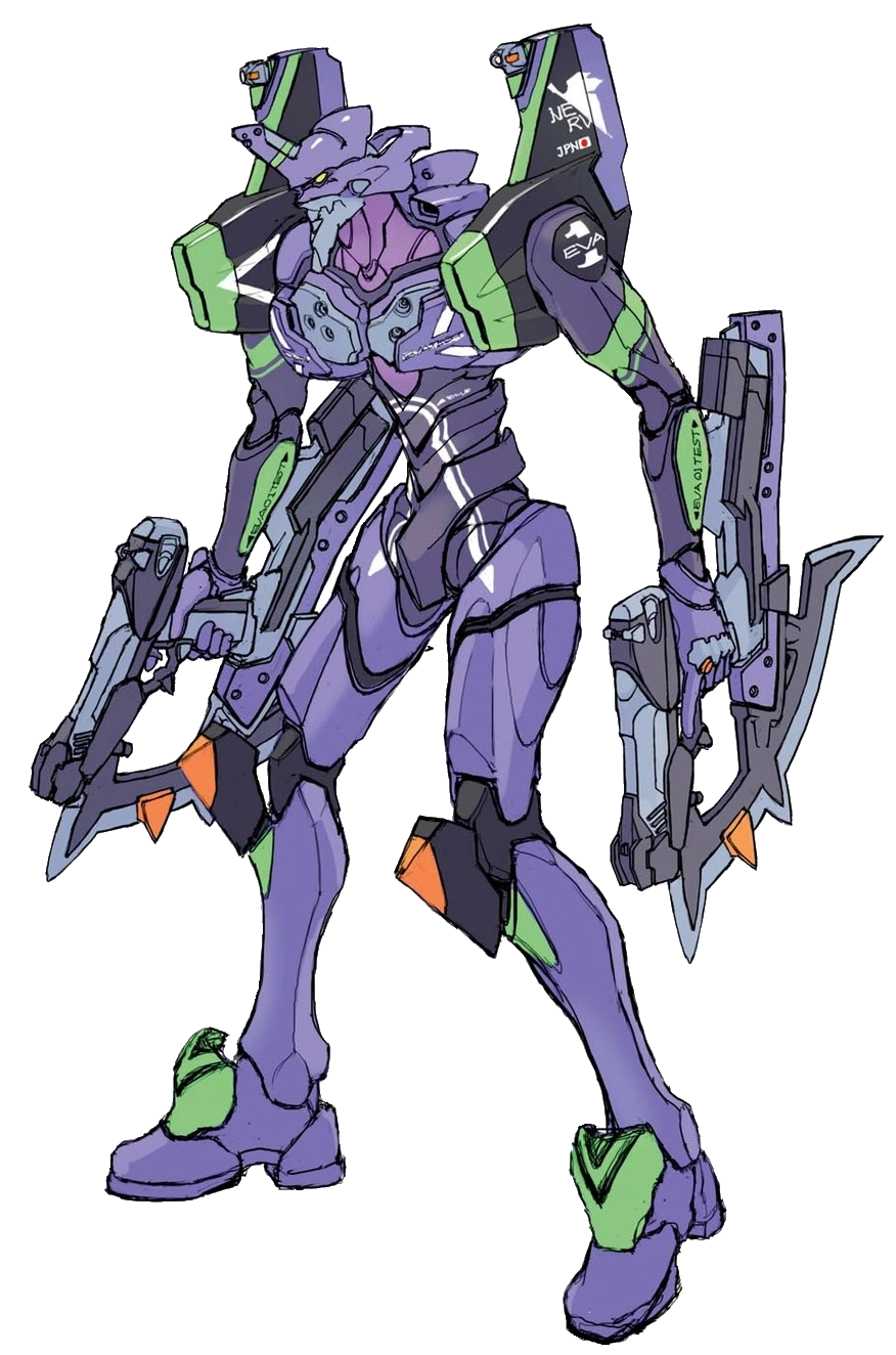 this is an illustration of a purple and green mecha robot character from the anime "neon genesis evangelion". this robot is unit 01, a giant robot that is controlled by a human pilot. it has large, sharp weapons attached to its arms and a fierce expression. the robot is in a battleready pose, and the background is black.  the robot is a popular character from the anime.