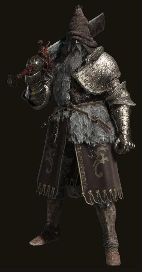a fullbody shot of a character from the video game elden ring, possibly malenia. this character is an elderly knight, wearing a hooded, furry coat over ornate, silvertoned armor. they carry a large sword across their back. the background is plain dark. the art style is reminiscent of dark fantasy settings. the overall aesthetic suggests a boss character in the game.