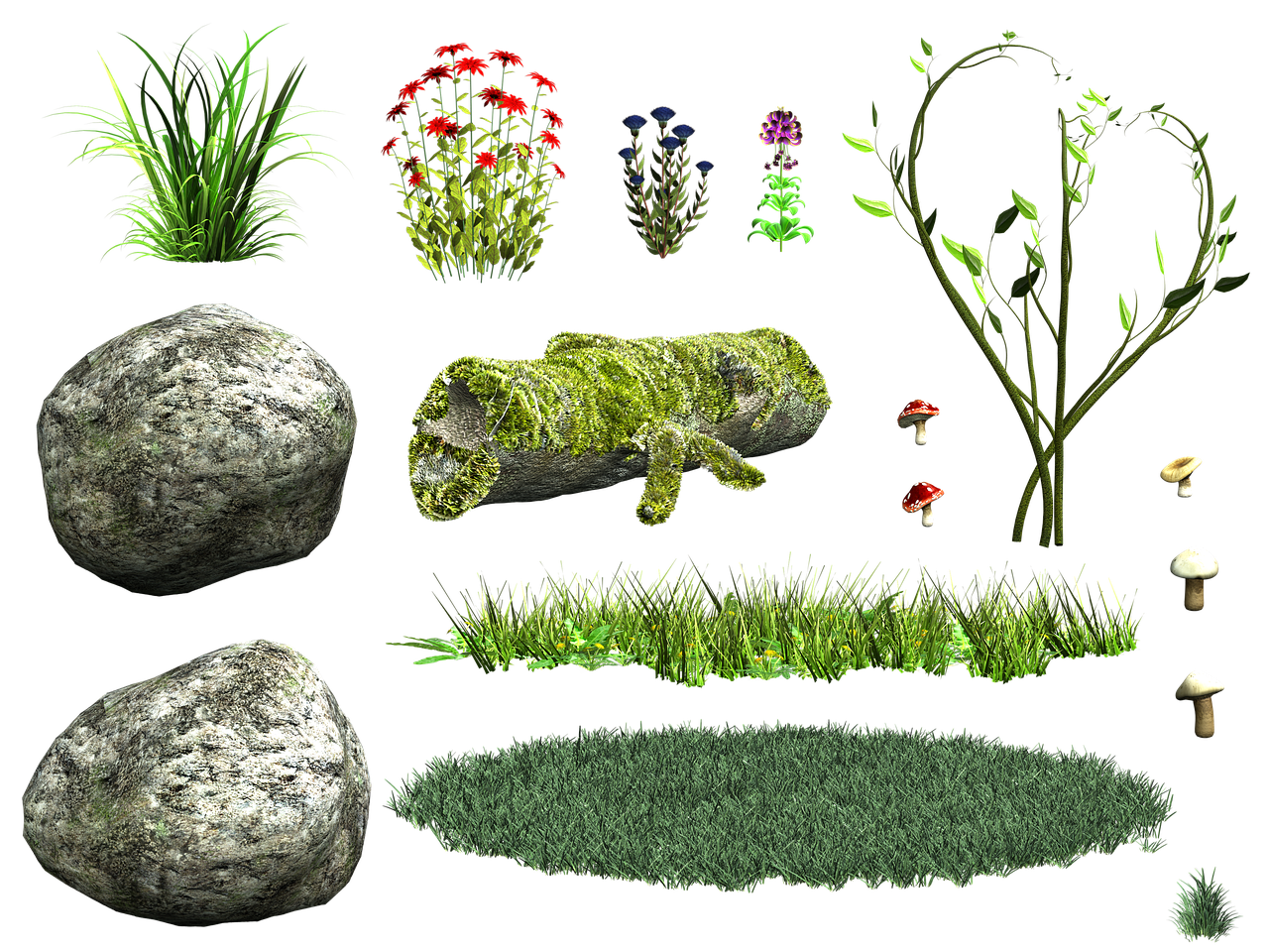 the image is a collection of various natural elements arranged on a black background. these elements include clumps of grass, plants with red and blue flowers, a pink flower, intertwining vines, two rocks, a mosscovered log, patches of greenery, and a variety of mushrooms.