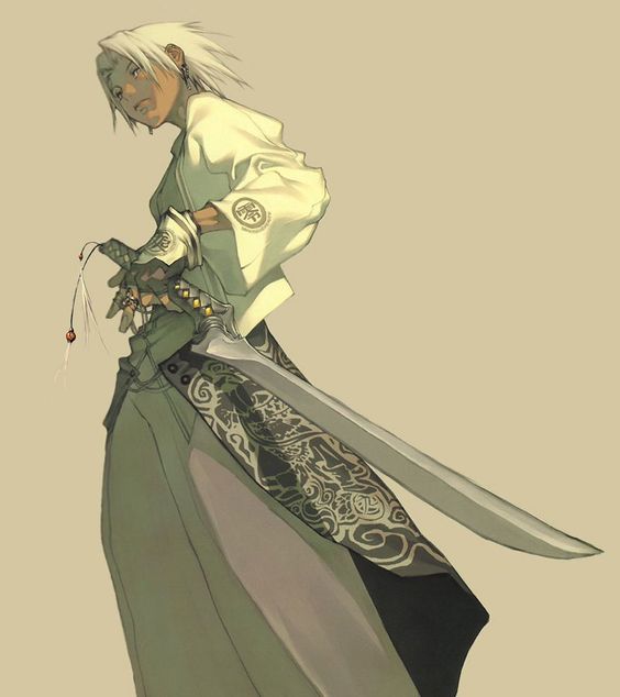 a young man with white hair and tan skin stands in a dynamic pose. he is dressed in a stylized white kimonolike garment with a black and green patterned underlayer. he is wielding a long, sleek katana with a decorative hilt.  his expression is serious and focused, hinting at his warrior nature. the background is a muted tan color, which helps to draw attention to the character and his intricate clothing.