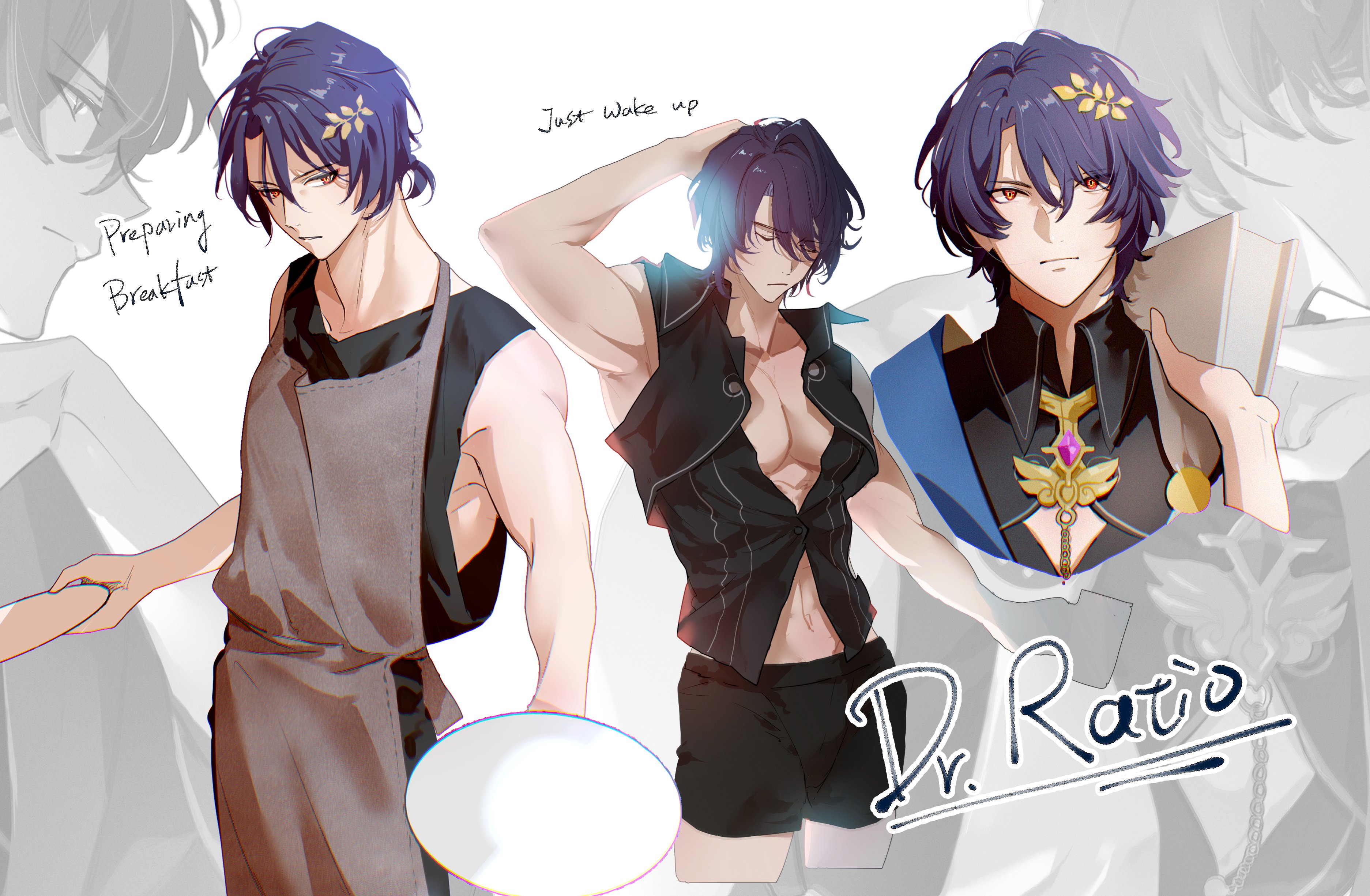 this is a digital illustration of three anime characters, a boy with blue hair and purple eyes wearing a black shirt and jacket, a boy with brown hair and blue eyes wearing a black shirt and an apron, and a boy with purple hair and red eyes wearing a blue, black, and white shirt and a necklace. the illustration appears to be in a kitchen setting. the boy in the apron is holding a pan, the boy in the jacket has just woken up, and the boy in the blue shirt is holding a book.  the illustration is in a simplistic style with bold lines and vibrant colors. the character names are signed at the bottom of the image.