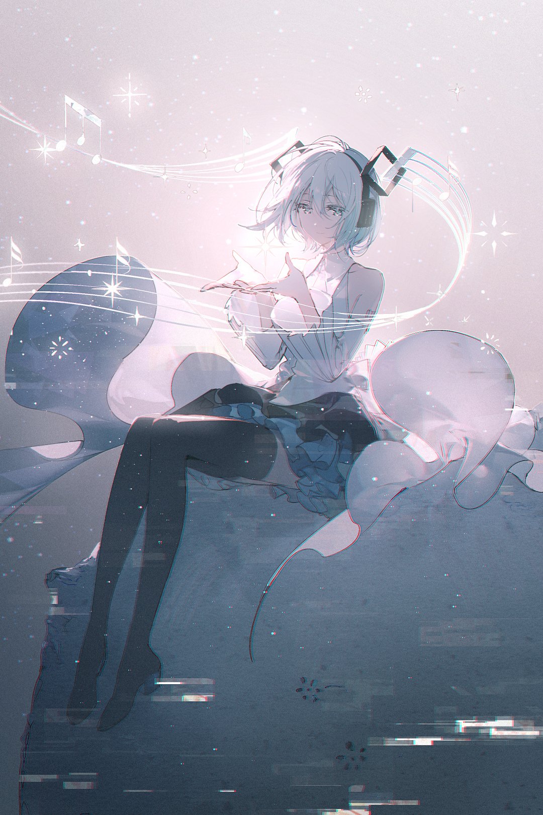 an anime girl with light blue hair wearing headphones is sitting down, dressed in a lightcolored dress with long sleeves. she has stockings and heels. music notes float around her, and the overall art style is digital with soft, ethereal lighting. it has a fantasy feel.