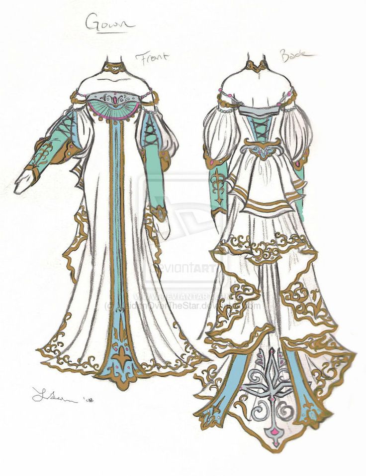 the image is a sketch of a gown design. the gown is white with gold and blue accents. it has a long, flowing skirt with layers of lace and embroidery. the gown is shown from both the front and the back. the sketch is done in pencil and colored with markers. the design is very elegant and intricate.