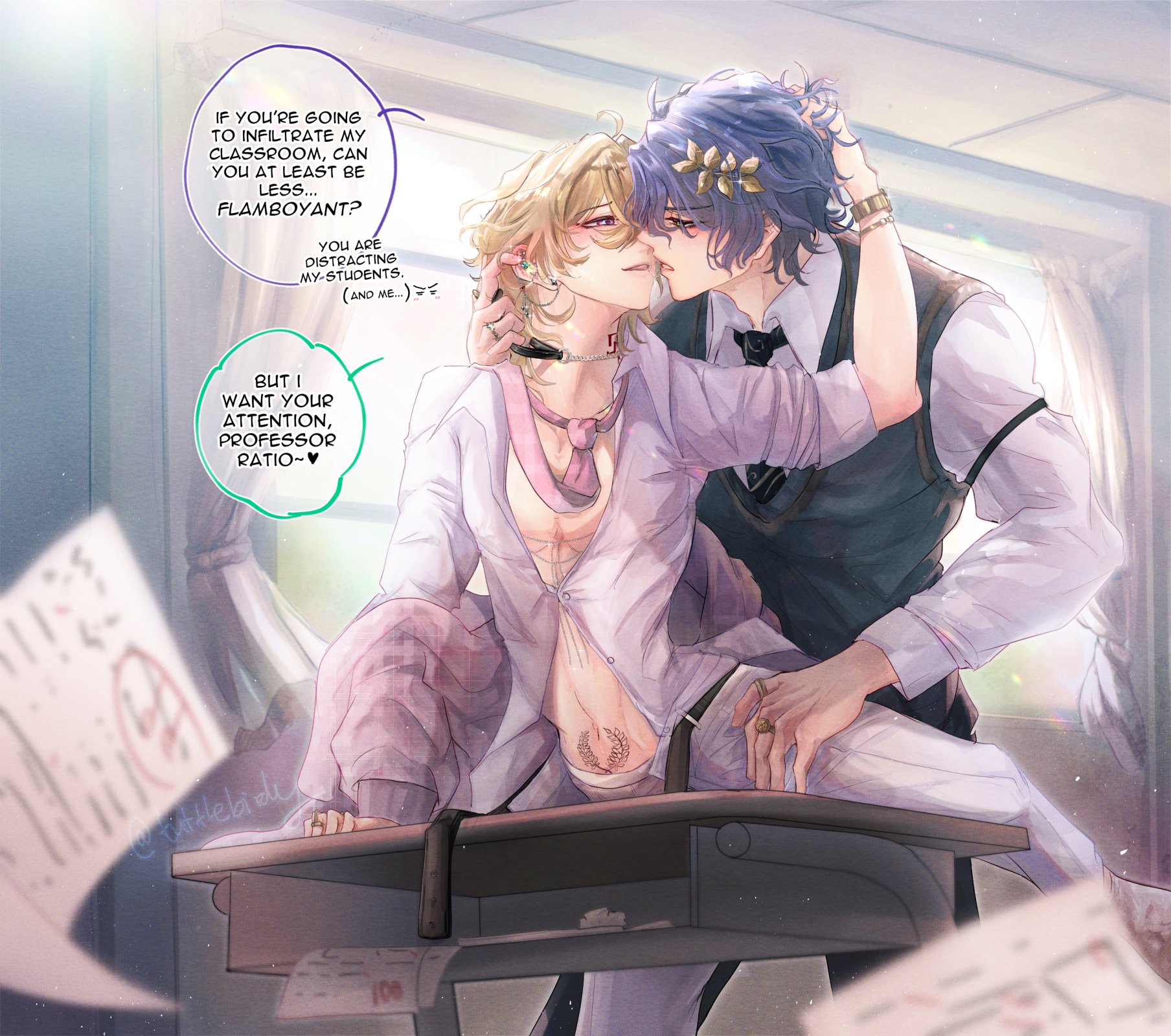 he image is a piece of animestyle artwork depicting a romantic scene between two young men. one, with blond hair and light clothing, is playfully leaning against a desk while the other, with dark blue hair and a more formal outfit, is leaning in close. they're engaging in a tender yet suggestive kiss, and speech bubbles indicate a lighthearted, flirtatious interaction between them, adding to the playful and romantic tone. the artwork is soft and pastel in its coloring, enhancing the overall romantic mood. the background is somewhat blurry and features classroom elements, suggesting the location of their interaction.  the overall impression is one of youthful affection and budding romance.