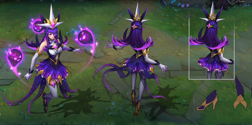 this is a digital art illustration of star guardian lux from league of legends. she is a magical girl with long purple hair, a gold star crown, and a purple and gold dress. she is surrounded by purple, starlike energy. the illustration shows her in three poses:  one from the front, one from the side, and one from the back.  she is a powerful and cute character.