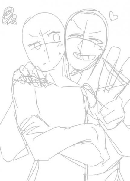 this is a digital sketch of an anime couple hugging. the drawing is done in grayscale and shows the basic outlines of the characters. the female character is on the left, with her arms wrapped around the male character's waist. the male character has his arm around the female character's shoulders, and his other arm is resting on her back. they are both looking at the viewer with smiles. the background is blank.