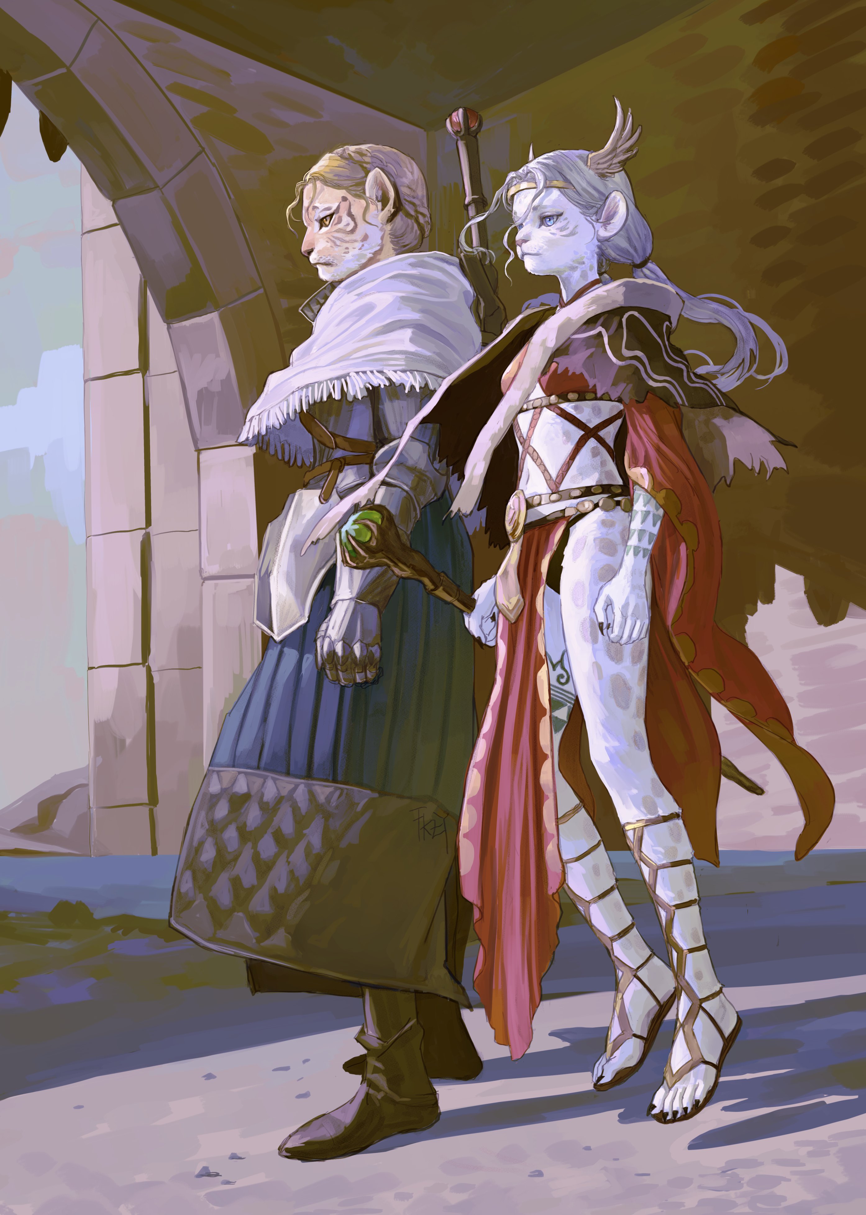two female fantasy characters stand sidebyside near a stone archway. the character on the left is a tigerlike warrior with blonde hair, wearing blue armor, a white scarf, and holding a staff with a green orb on top. a sword is strapped to her back. the character on the right has white hair, pointed ears, and is wearing a red cape, white clothing with red accents, and sandals. the scene takes place outdoors.