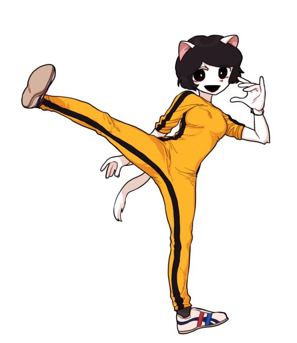 a cartoon image of a cat girl wearing a yellow karate uniform with black stripes kicking her leg out. she has black hair, white fur, and a blank white face. she is wearing white sneakers with red, blue, and black accents.  she is smiling and looking at the viewer.