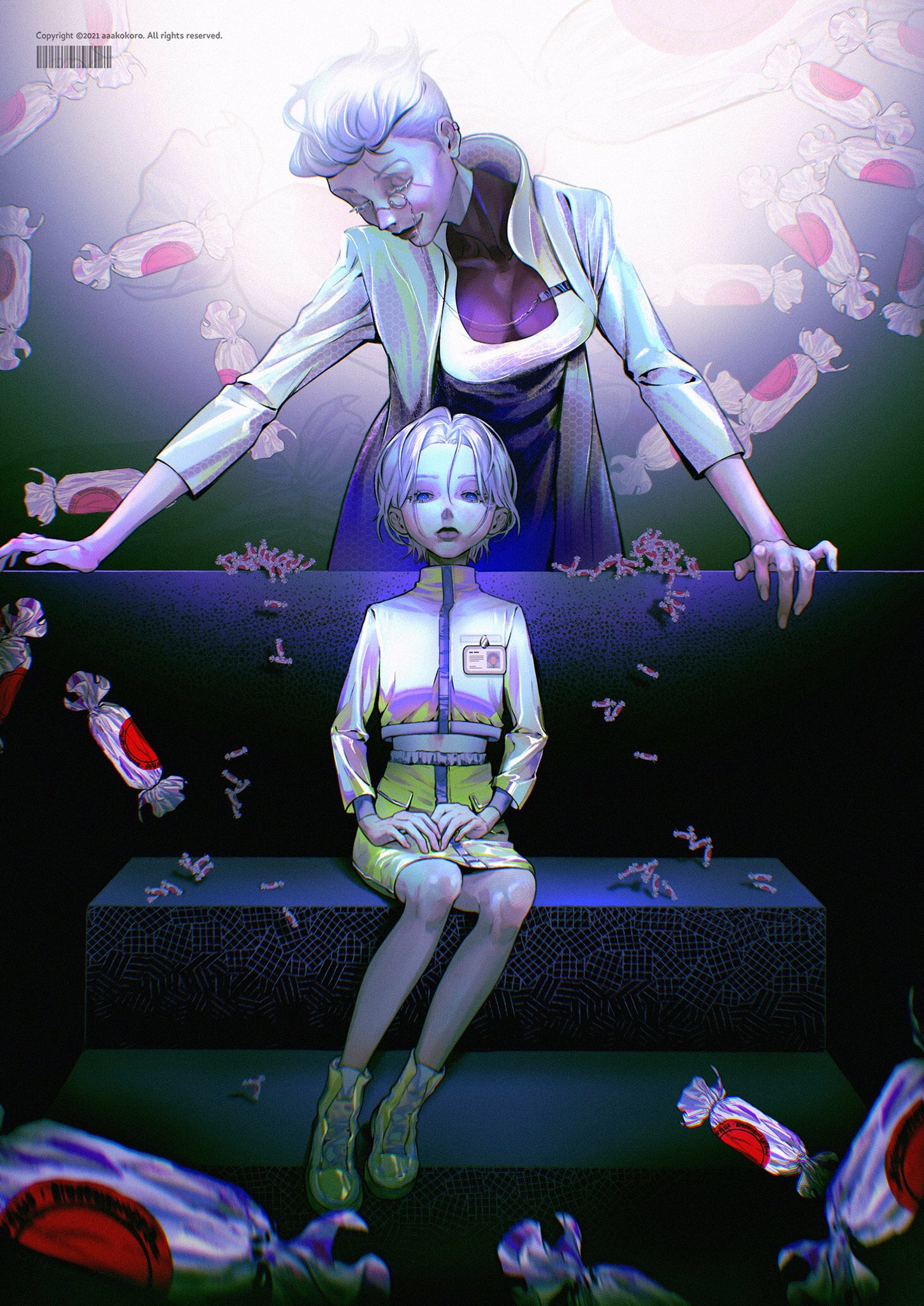he image features two females, an older and a younger one, positioned on and below a set of stairs respectively. the older woman, with short white hair and a stern expression, stands behind the seated younger one. the younger female, also with white hair, sits with her hands clasped, her gaze directed downwards. both are dressed in matching white and yellow outfits reminiscent of uniforms.  the background is dark and abstract, with glowing wrapped candies floating around the figures. the lighting is stark and artificial, illuminating the figures against the dark backdrop. the overall atmosphere is eerie and unsettling, hinting at a power imbalance between the two figures.