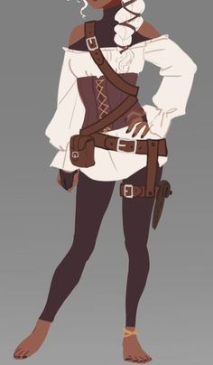 a digital illustration showcasing a fashion design for a female character.  the character, depicted from the shins up, is a darkskinned woman with a long, white braid. she's wearing a white, offtheshoulder peasant top over a brown corset with lacing up the front.  multiple belts with various pouches adorn her waist and hips. her pants are dark brown leggings, and she has a small knife strapped to her thigh. her footwear isn't visible, though she wears thin gold anklets.  the background is plain gray, and the style is reminiscent of western comic books or graphic novels.