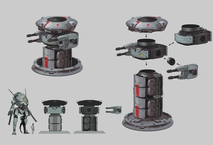 the image showcases a design concept for a modular turret system. the turret features a detachable top section with twin cannons and a missile launcher. it can be separated from the base structure, which appears to house ammunition and power systems. the illustration provides different views and configurations of the turret, including a sidebyside comparison with a humansized robot and a smaller human figure to highlight the scale. the color scheme primarily employs shades of gray, black, and white, conveying a sense of industrial functionality and futuristic technology.