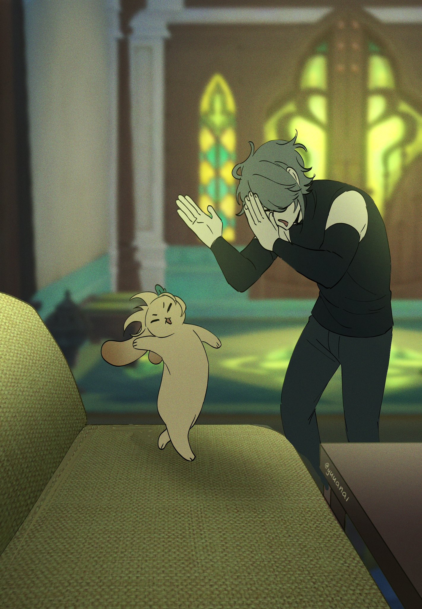 a cartoon illustration of a person in black clothing with gray hair standing on a couch and covering their face with their hand, looking embarrassed. a furry, yellow animal is standing on the couch and moving their arms in a surprised gesture.  the two are in a room with green and brown walls, a large window, and other furniture.