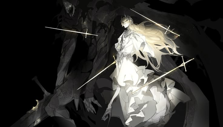 the image depicts an animestyle character with long, flowing blonde hair and a crown, dressed in white, standing in front of a dark, shadowy figure. several swords are floating or impaled around the figure in white, creating a fantasy or ethereal atmosphere.