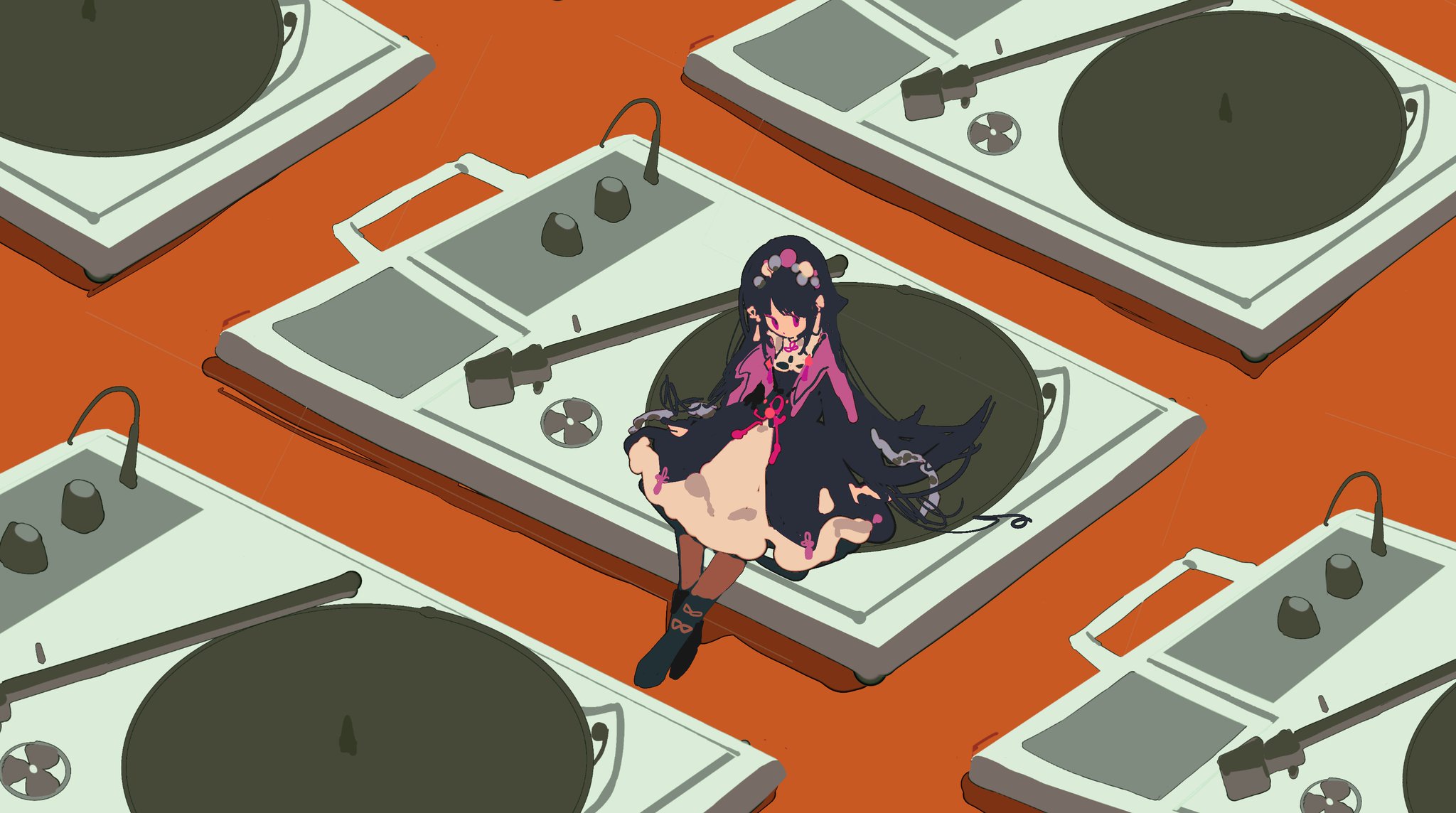 an image of a girl in an anime style sitting in front of a record player. the girl has long black hair and is wearing a pink and black dress. she is sitting on a white turntable and is holding her hands in her lap. there are multiple record players in the background, and the entire image is set against an orange background. the girl looks sad and contemplative.