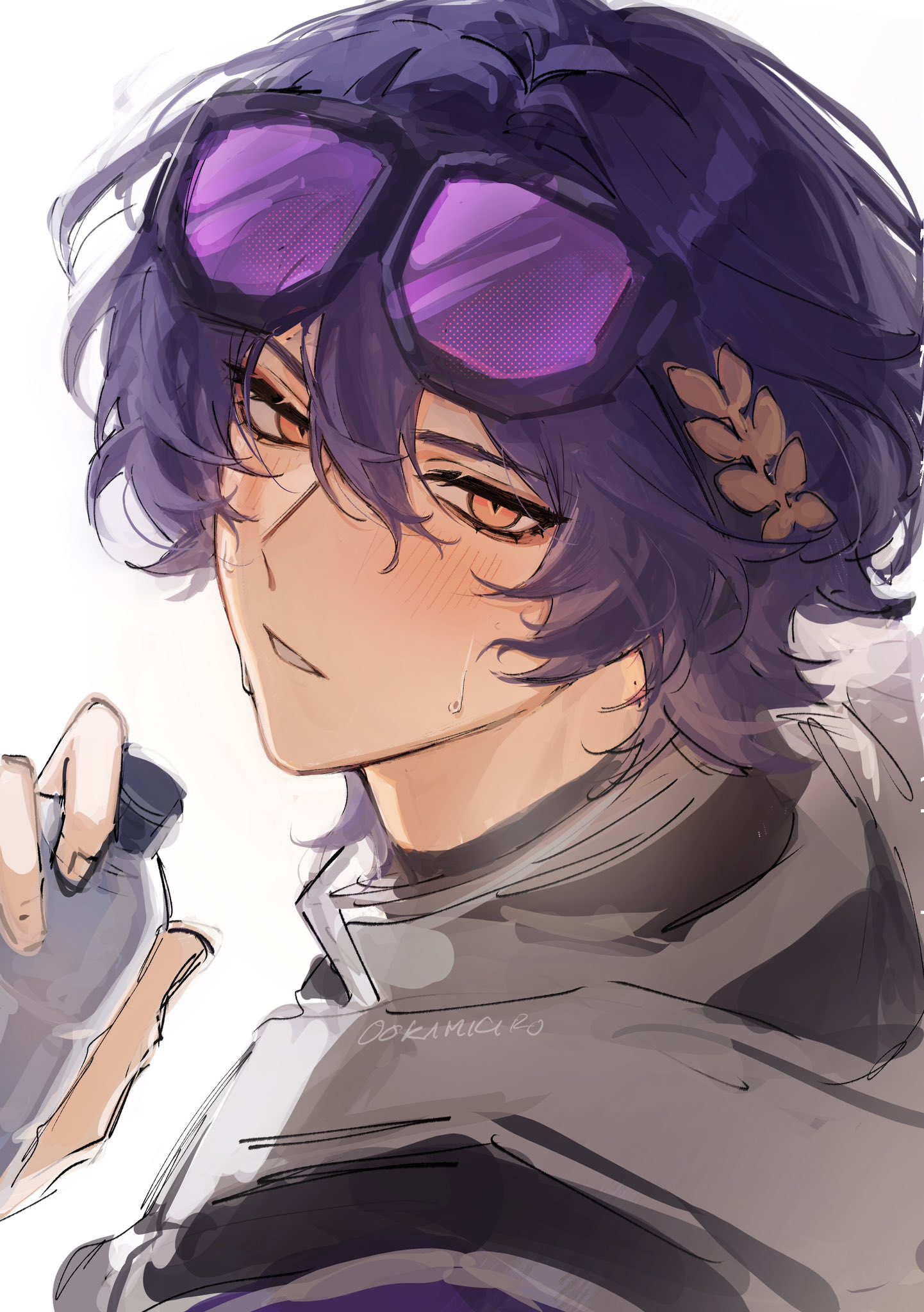 the image is an anime drawing of a manga boy with purple hair wearing purple goggles. he has brown eyes and a brown hair ornament. he's holding a bottle in his hand, with a sweat drop near his neck, and he has a blush on his face. he is wearing a jacket with a collar.
