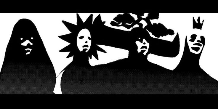 this image is a black and white illustration of four figures. the first two figures are in the foreground and are partially obscured by the silhouette of a tree. the third figure is in the background and is obscured by the silhouette of a tree. the fourth figure is partially obscured by a tree branch. all four figures are depicted in a dark and mysterious way. the image has a creepy and scary vibe. the figures are all facing towards the viewer.