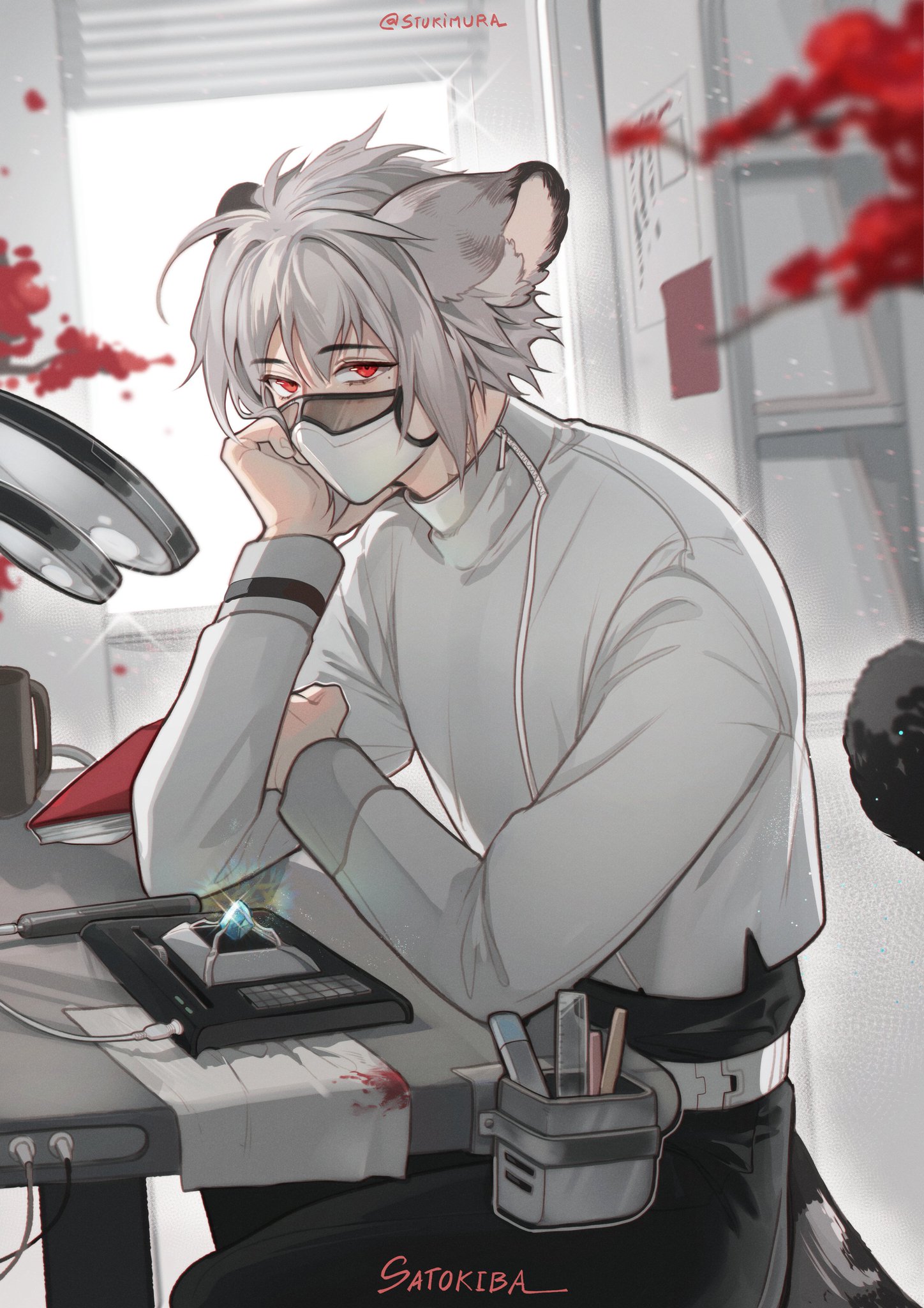 an anime character with white hair, white clothing, and red eyes sits at a table. he is wearing a mask and has a blue gem on the table beside him. the background is white with red flowers. the character has a tool belt around his waist, and is sitting on a black and gray chair.