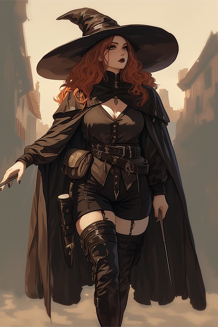 the image shows a digital painting of a powerfullooking, confident female witch. she has long, curly red hair, and she's wearing a large black witch hat, a long dark cloak, a black corsetlike top, short black shorts, tall black leather boots, and a belt with buckles. she carries a thin, possibly magical wand in her hand and looks directly ahead. the background depicts a medievalstyle town or street. the overall style of the art is fantasy and somewhat dark.