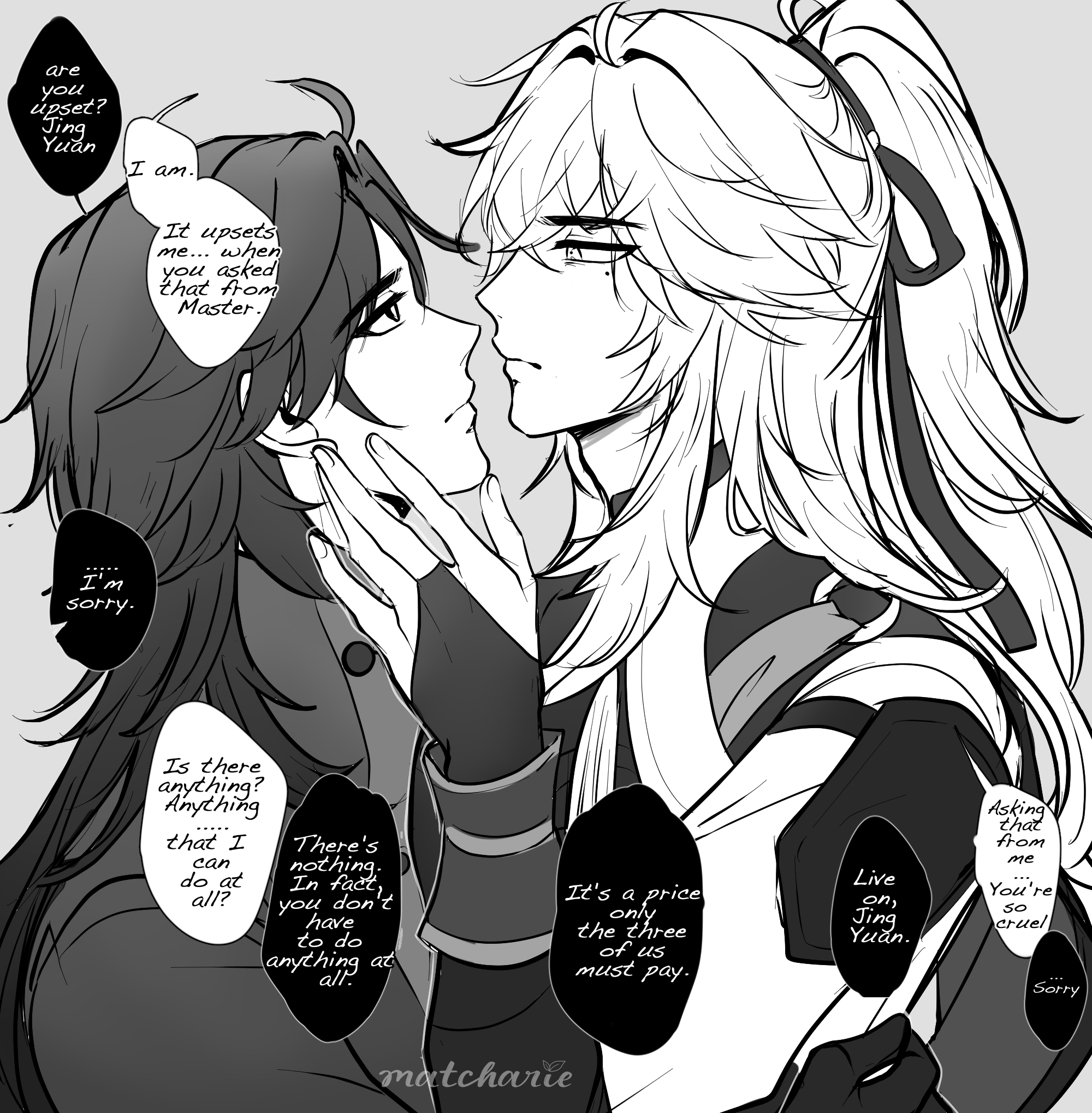 this is a manga scene of two male characters, one in a black outfit with long black hair, the other in a white outfit with long white hair. they are standing close together and the one in white is kissing the one in black. they are both looking at each other with love and affection. the scene is drawn in black and white and shows the characters' emotions through facial expressions. the speech bubbles indicate that the character in black is apologizing for something and the character in white is understanding and forgiving. the scene is set in a romantic setting.