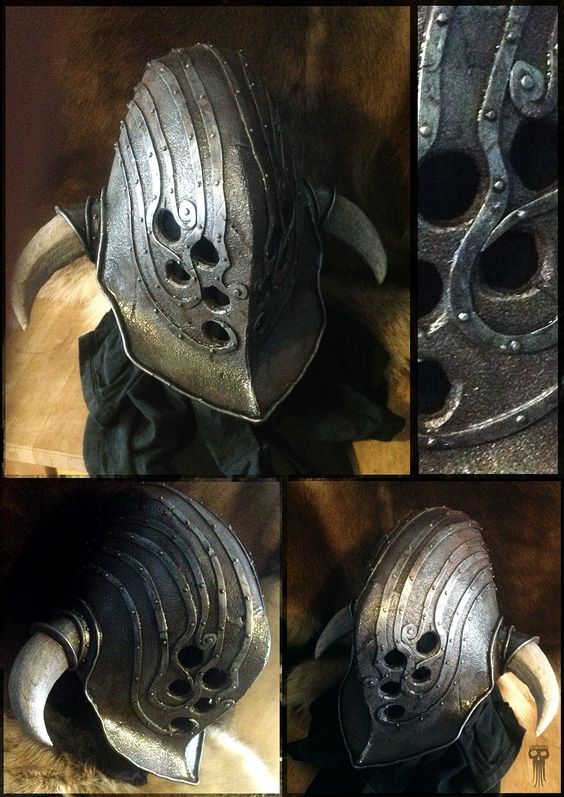a collage of four images showcasing a meticulously crafted helmet inspired by the video game dark souls. the helmet, featuring a dark metallic finish, exhibits intricate details, including horns, ornate patterns, and strategically placed vents.  the background maintains a consistent dark tone, emphasizing the craftsmanship of the helmet.