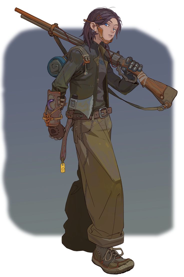an animestyle illustration of a young woman with a shotgun slung over her shoulder. she is standing in a casual pose, looking off to the side. she is wearing a green jacket over a black shirt, and her jeans are tucked into her boots.  she is wearing a gas mask with a bandana and has a lot of other accessories. the background is a simple grey.