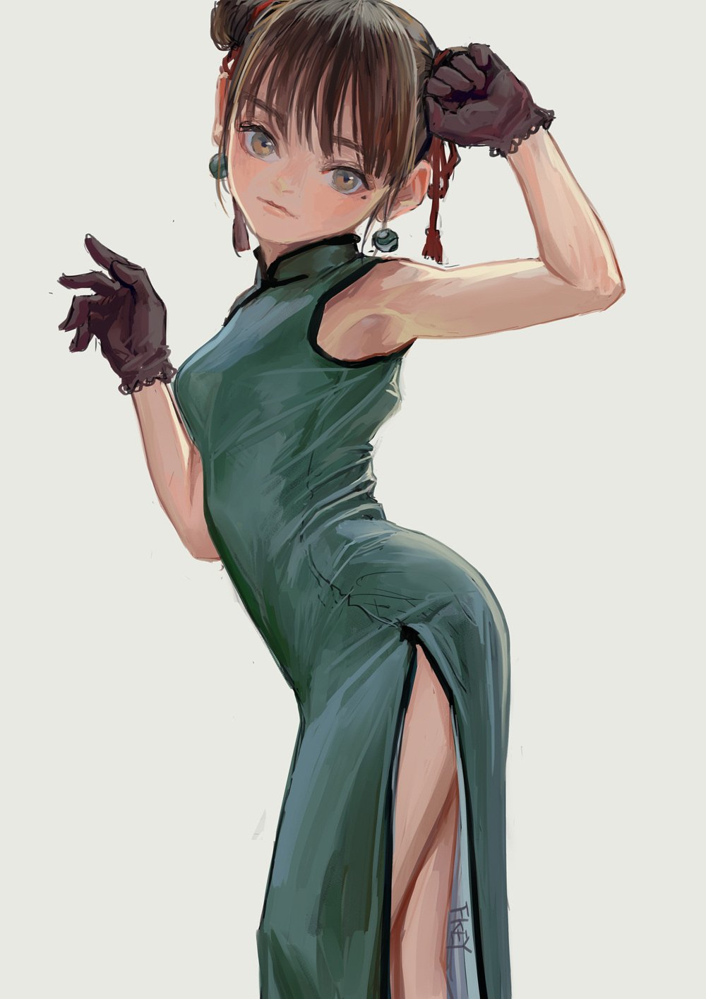 a digital art illustration depicting an anime girl with fair skin, brown hair styled in buns with bangs, and wearing a green slit dress and gloves. she is standing with one arm raised and a smirk on her face, looking directly at the viewer. she also has earrings. the style is distinctly anime.