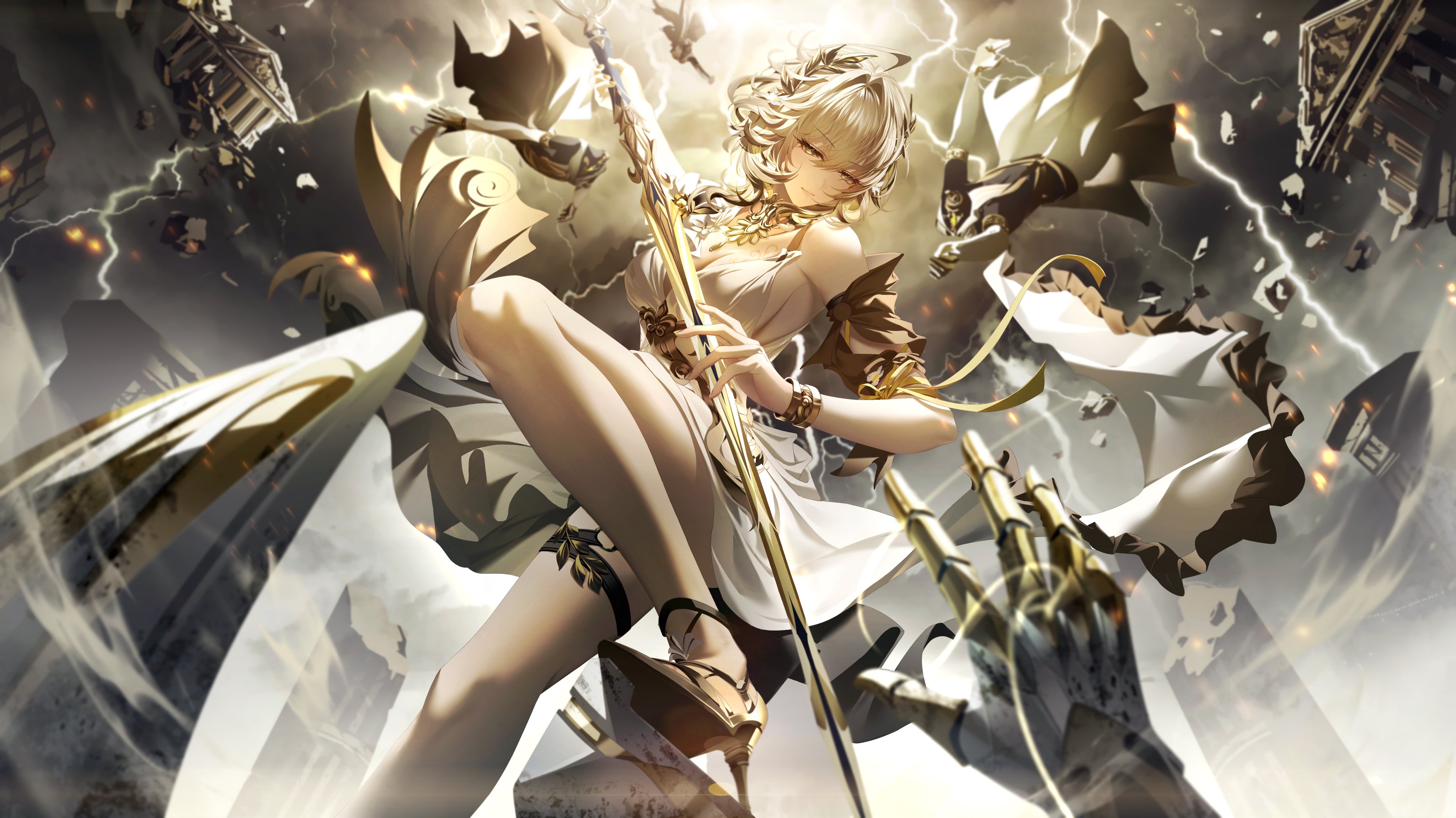 an anime girl with blonde hair is shown in a dynamic pose, wearing a white dress and holding a gold staff. lightning flashes around her amidst falling debris, suggesting a scene of destruction. she is also adorned with jewelry, including a bracelet and tiara, and wears gold high heels. a mechanical hand is reaching up towards her. the overall atmosphere is one of fantasy and chaos.