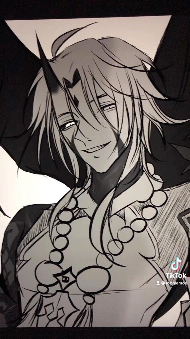 the image is a black and white drawing of an animestyle male character. he has long, flowing hair with horns, and a smirk on his face. he's wearing a traditionallooking robe and necklace. the art style is detailed and expressive. the character looks confident and possibly mischievous. the artwork seems to be a digital drawing or a scanned sketch.  a tiktok watermark is visible in the bottom right corner.