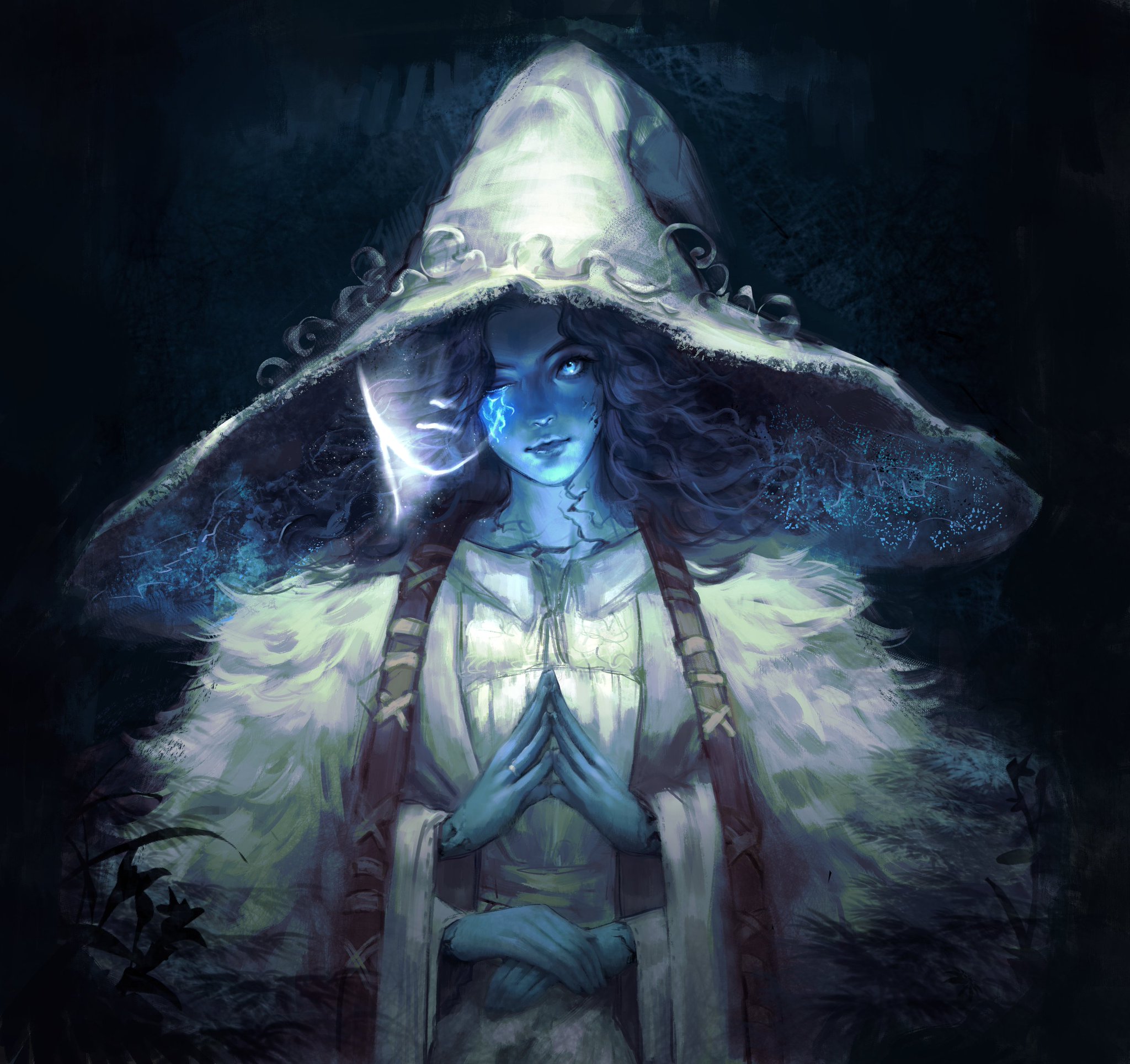 the artwork depicts a mystical female figure, possibly a witch or sorceress, shrouded in a large, lightcolored hooded cloak adorned with what seems to be fur trim.  she is positioned centrally against a dark, atmospheric background.  her skin is pale, and her eyes glow faintly.  a vibrant blue light emanates from her face, creating a mystical effect. her hands are clasped together in a prayerlike gesture. the overall style is painterly, with soft yet detailed brushstrokes that emphasize light and shadow. the image evokes a sense of mystery and magic, with a dreamy and somewhat whimsical quality.