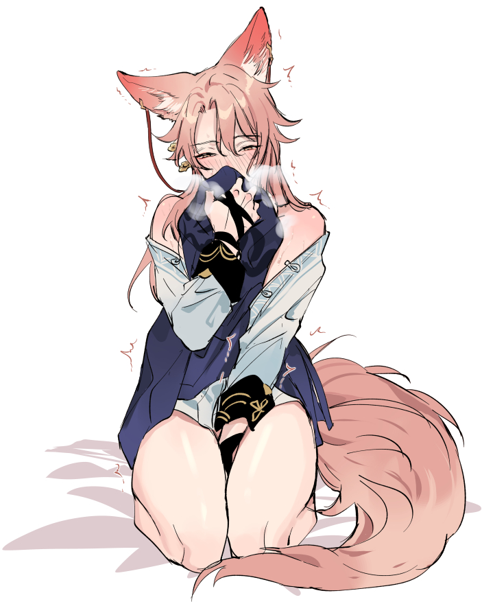 an illustration of a cute anime girl with pink hair, fox ears and a tail, blushing and looking shy. she is wearing a blue and white shirt and is holding her hands over her face. the image is drawn in a manga style and is set against a white background.
