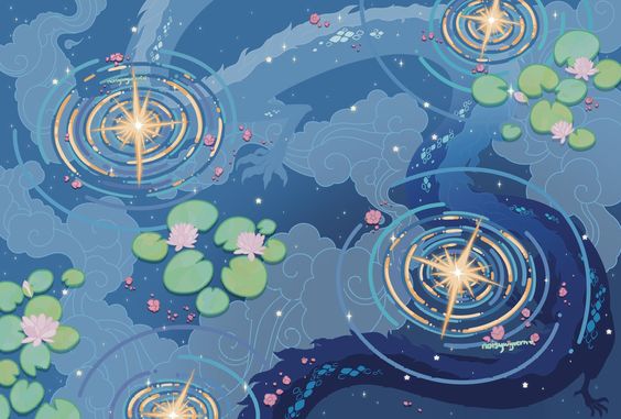 the image showcases a topdown perspective of a mystical water scene at night.  a dark blue water surface is adorned with vibrant green lily pads and blooming pink water lilies.  a shadowy dragon, rendered in shades of blue, winds its way through the scene, partially submerged.  bright, sparkling stars dot the watery expanse, their light reflected in concentric ripples. wispy clouds in soft blues and purples drift across the top, adding to the dreamlike atmosphere.
