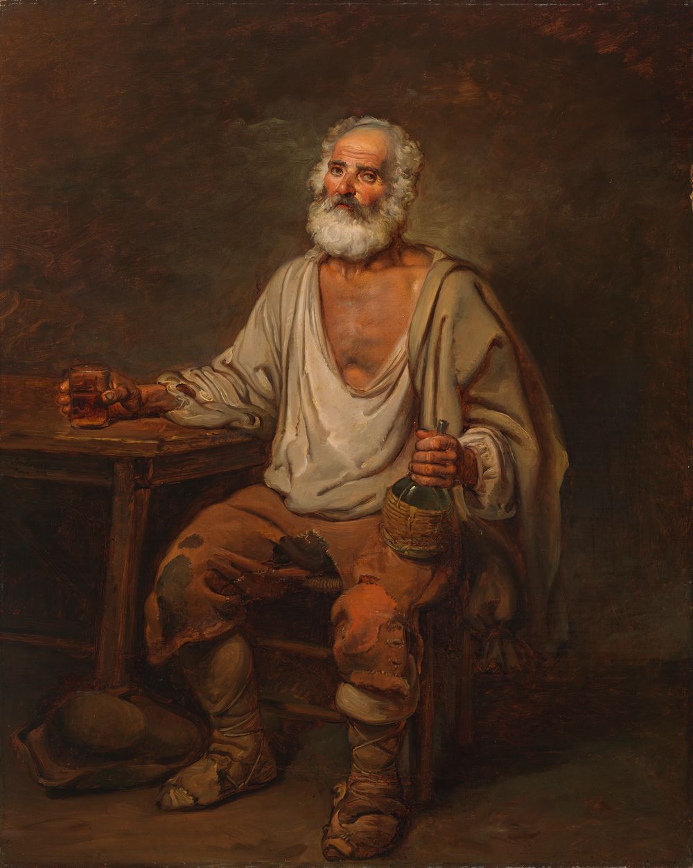 an elderly man with white hair and a beard sits at a table, holding a glass in one hand and a bottle in the other. he is wearing ragged and tattered clothes with sandals. he is sitting on a chair indoors. there is a hat on the floor next to the table. the painting depicts a scene of poverty and disrepair.
