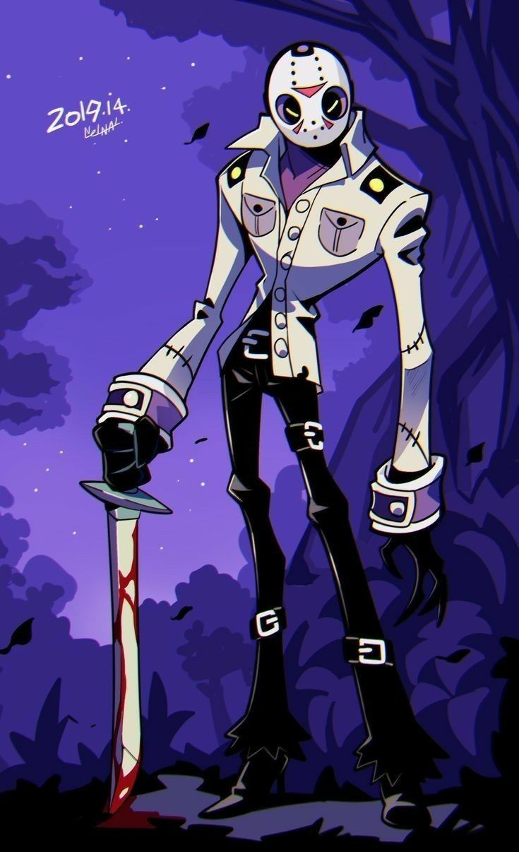 the image is a stylized digital drawing or fanart of jason voorhees, the iconic killer from the friday the 13th franchise.  he's depicted in a unique, almost cartoonish style with exaggerated proportions, notably long limbs.  jason is wearing his signature hockey mask and a longsleeved white shirt over a purple undershirt and dark trousers. he holds a bloody sword. the background is a dark purple forest at night, enhancing the ominous atmosphere. the overall aesthetic blends horror elements with a distinctly animeinfluenced cartoon style.  a date "2019.14" and artist signature are visible in the top left corner.